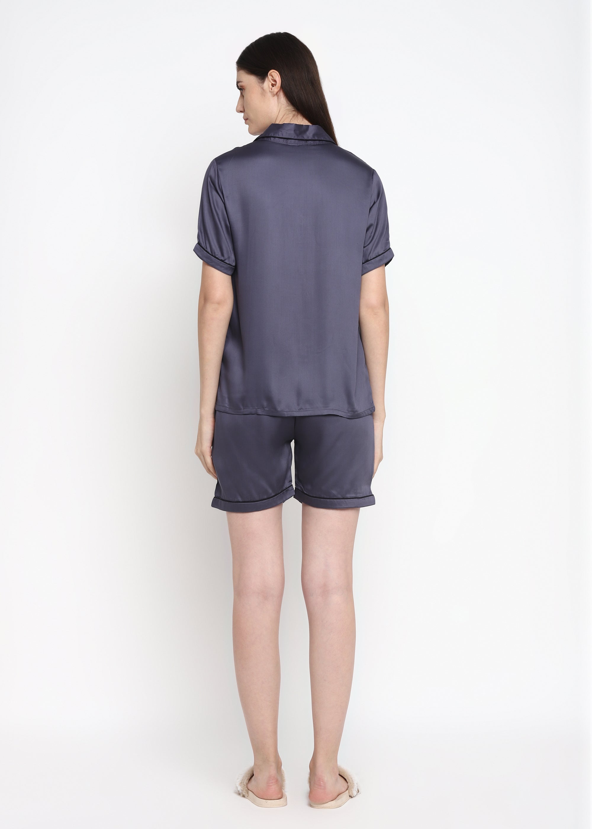 Ultra Soft Dark Grey Modal Satin Short Sleeve Women's Shorts Set - Shopbloom