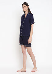 Ultra Soft Navy Modal Satin Short Sleeve Women's Shorts Set - Shopbloom