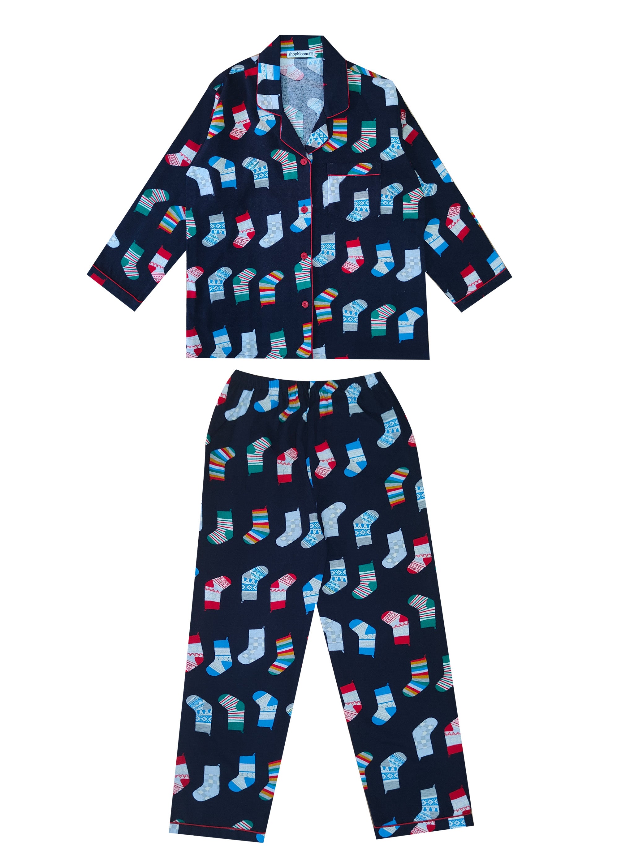 Christmas Socks Print Cotton Flannel Long Sleeve Kid's Night Suit - Shopbloom