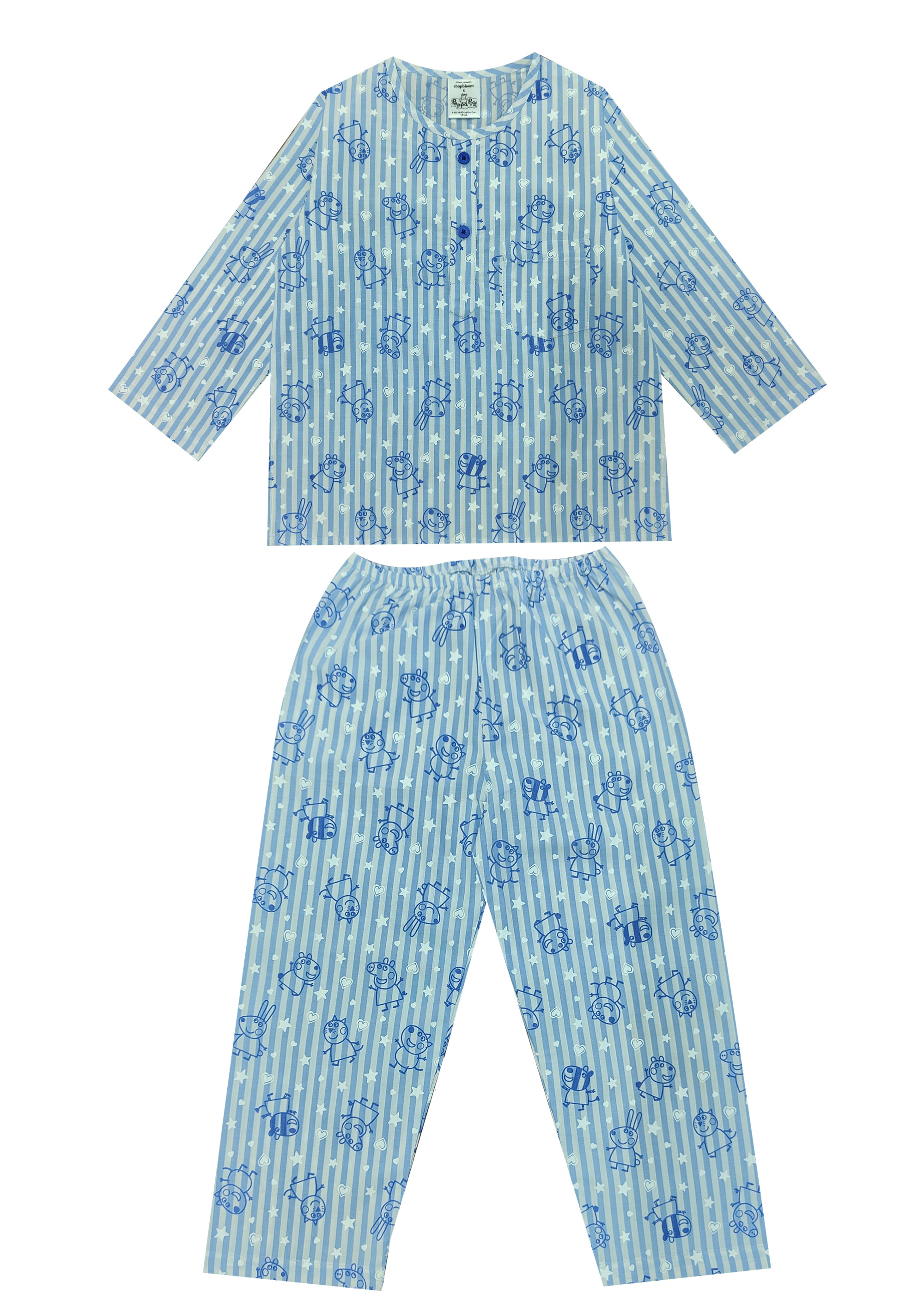 Blue Peppa Print Round Neck Long Sleeve Kids Night Suit - Shopbloom
