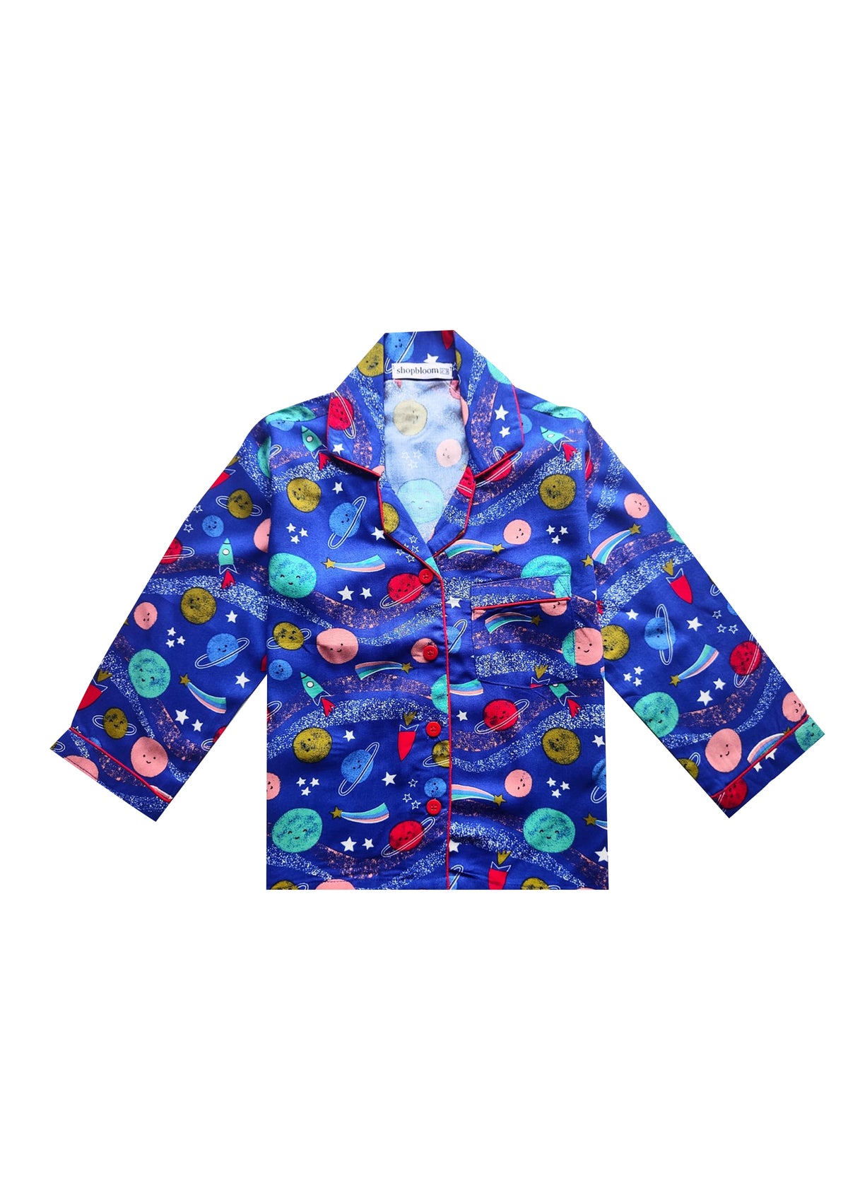 Blue Space Print Long Sleeve Kids Night Suit - Shopbloom