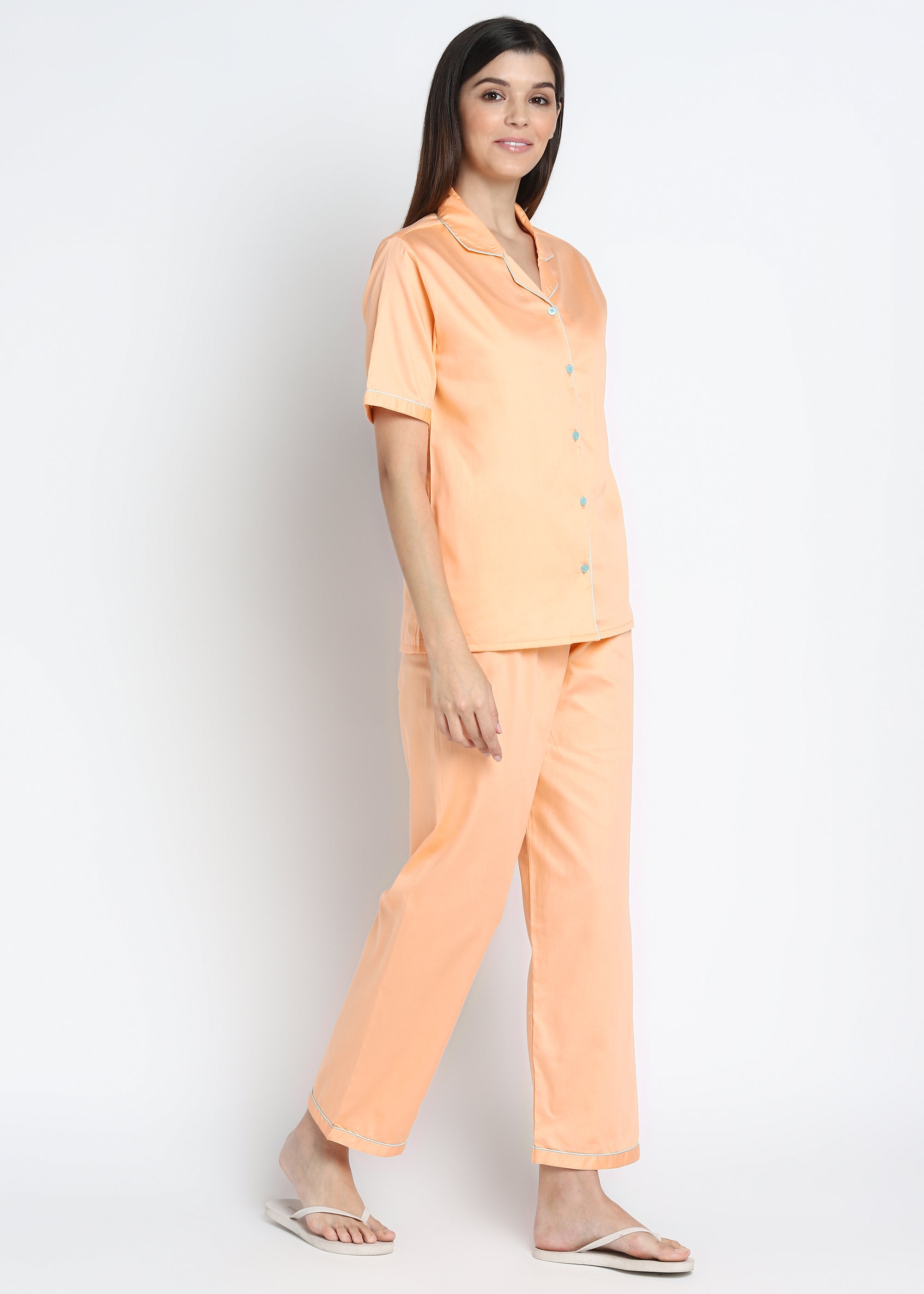 Peach Cotton Sateen Short Sleeve Women's Night Suit - Shopbloom