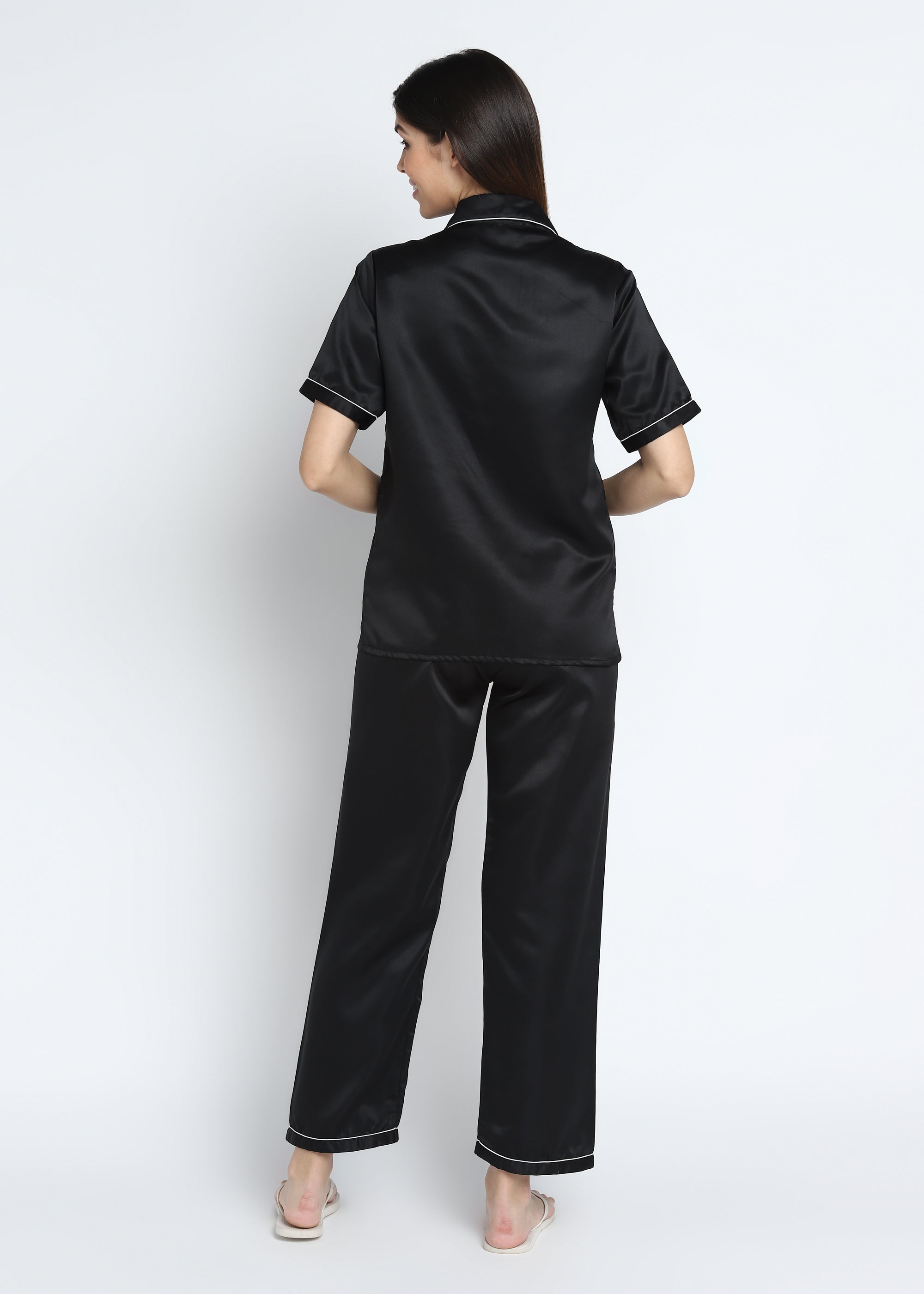 Ultra Soft Black Modal Satin Short Sleeve Women's Night Suit - Shopbloom