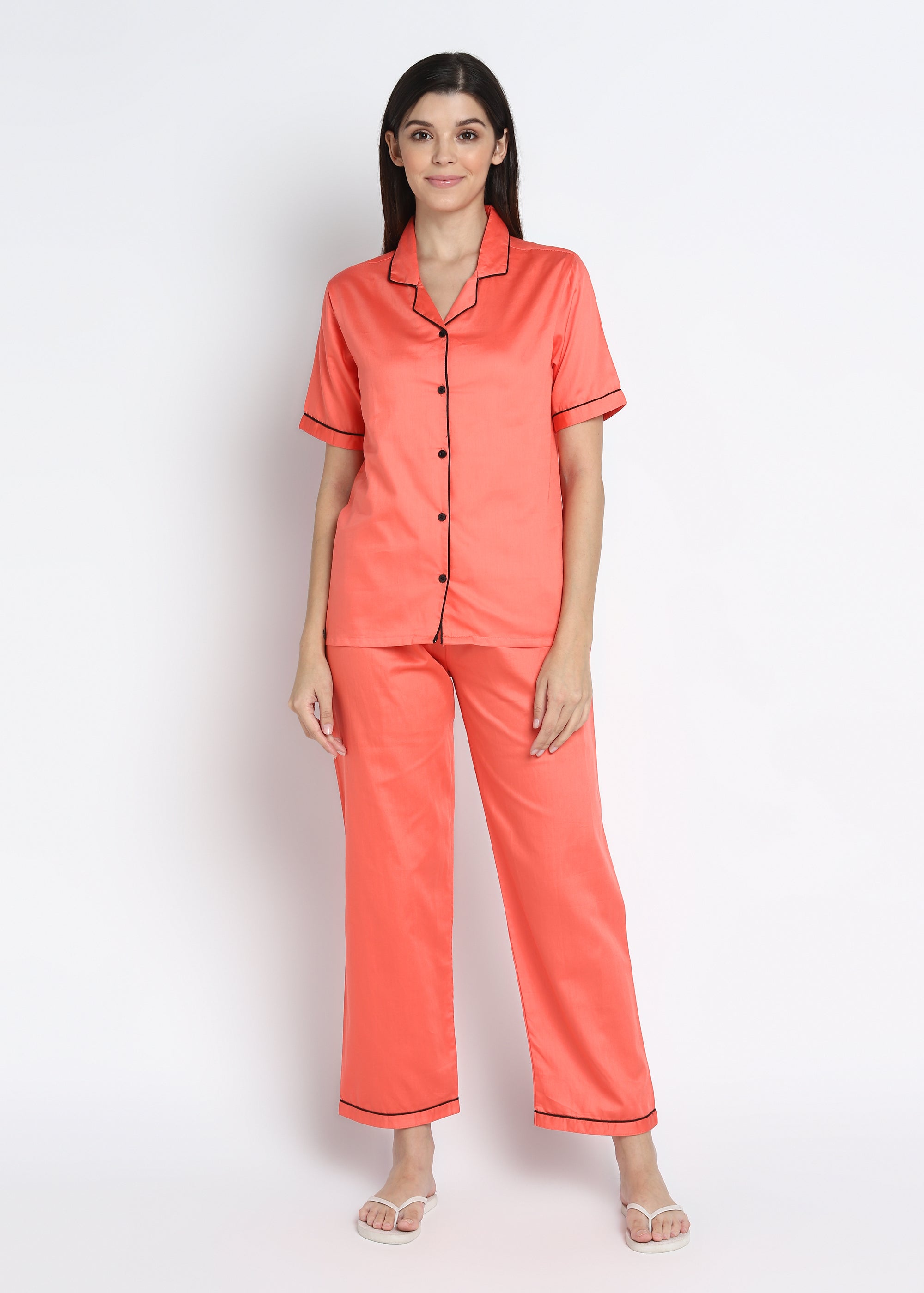 Orange Cotton Sateen Short Sleeve Women's Night Suit - Shopbloom