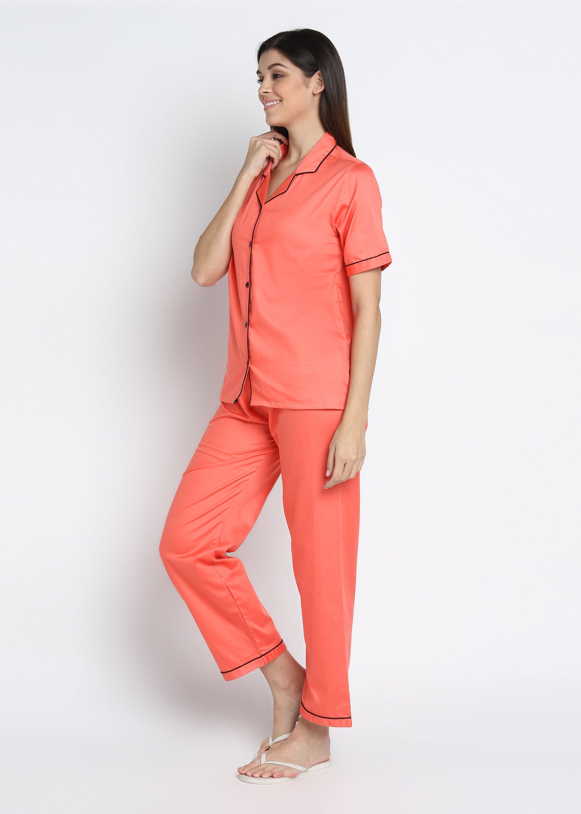 Orange Cotton Sateen Short Sleeve Women's Night Suit - Shopbloom