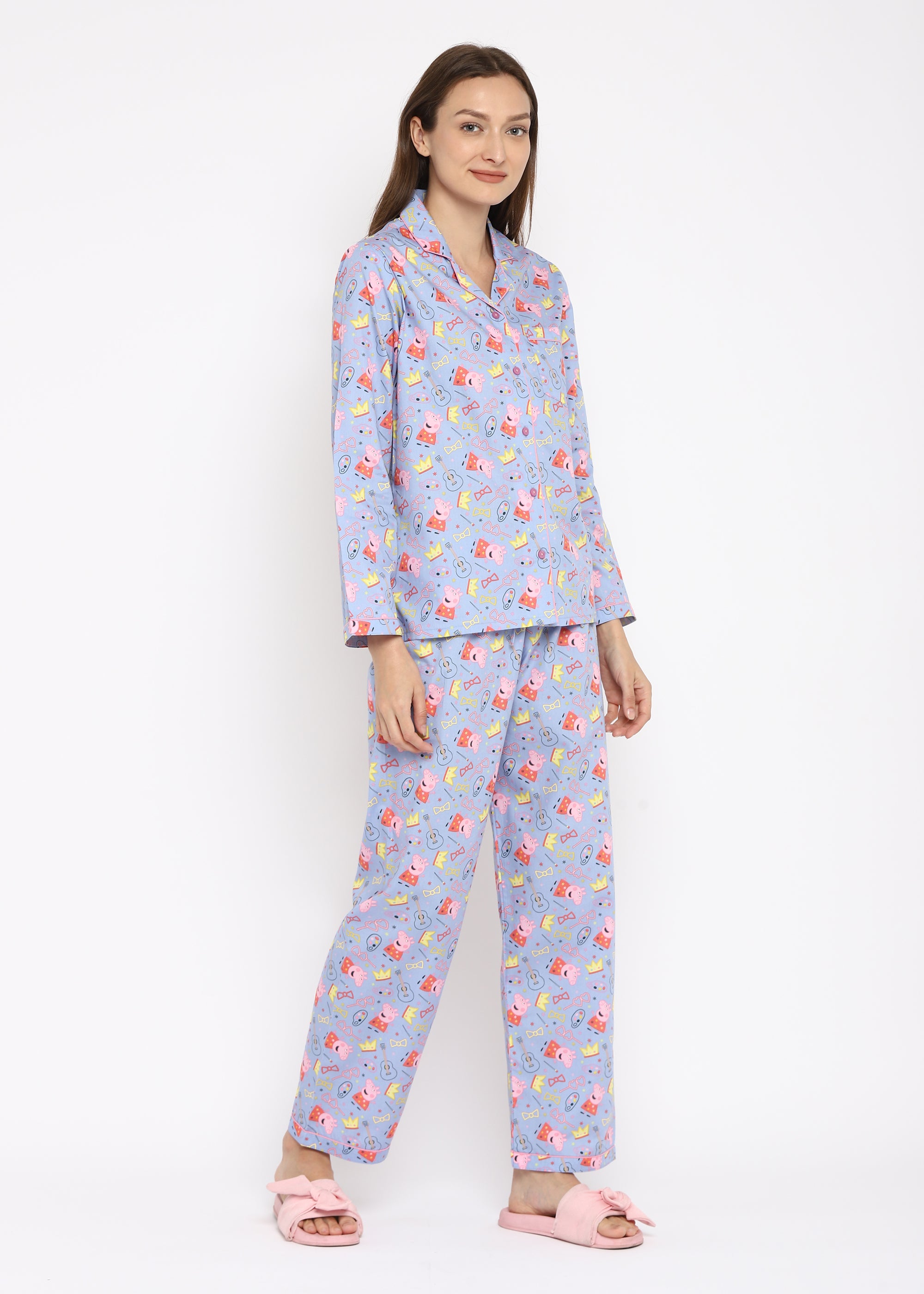 Peppa Crown Print Long Sleeve Women's Night Suit - Shopbloom