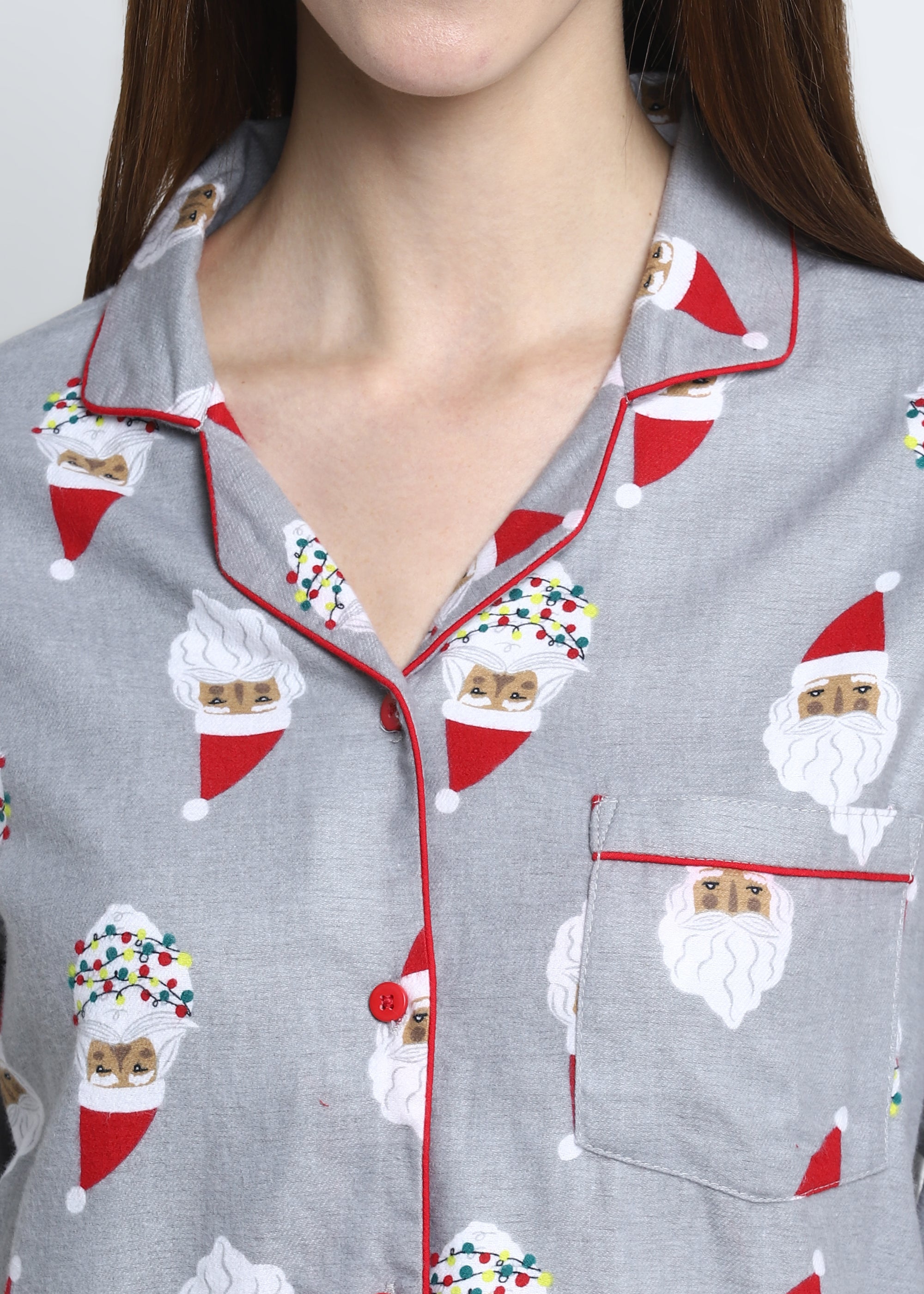 Santa Cutie Print Cotton Flannel Long Sleeve Women's Night Suit - Shopbloom