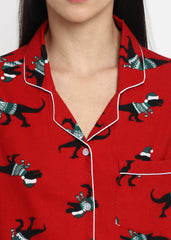 Dinosaur Red Print Cotton Flannel Long Sleeve Women's Night Suit - Shopbloom