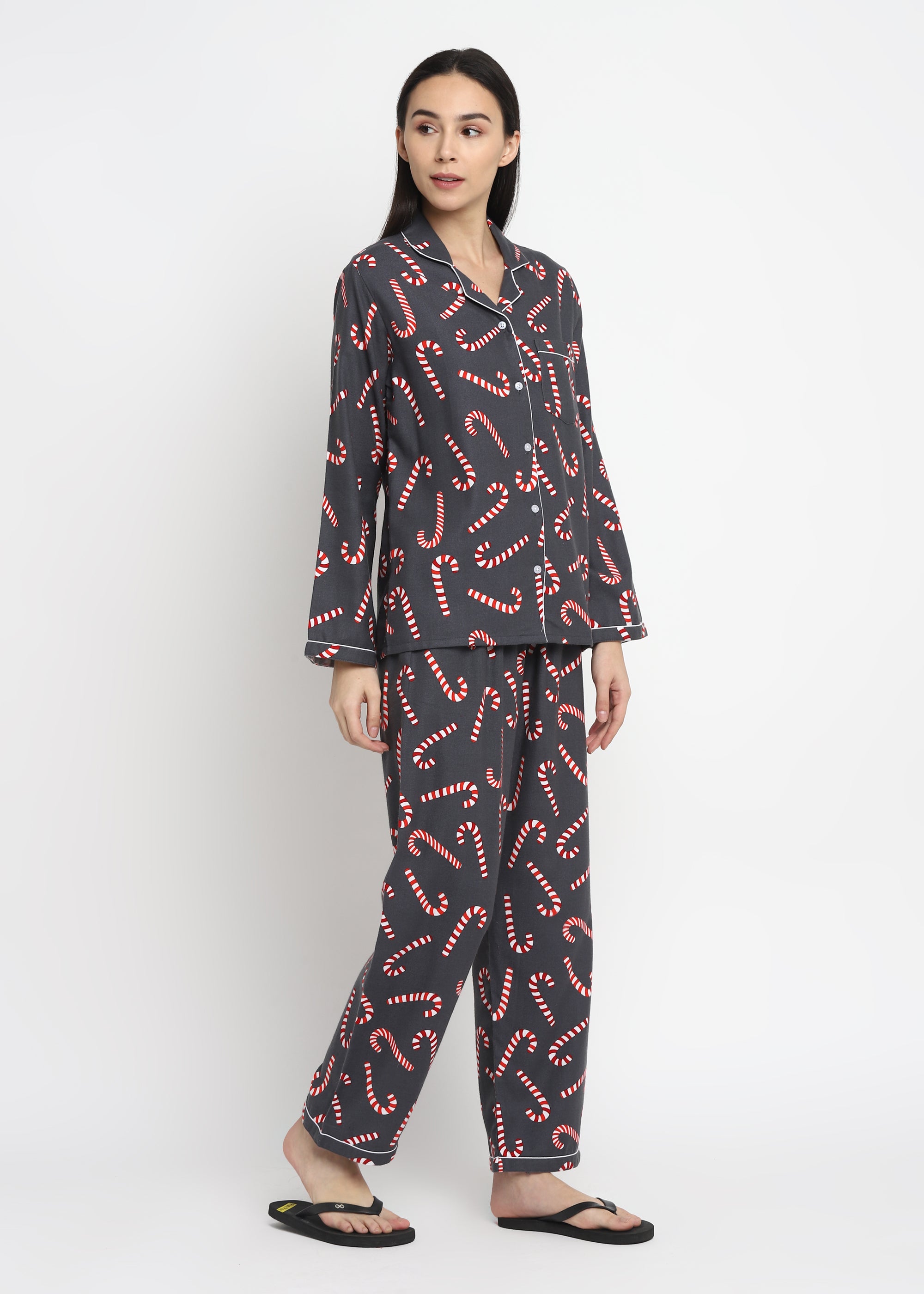 Big Candy Cane Print Cotton Flannel Long Sleeve Women's Night Suit - Shopbloom