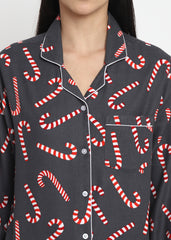 Big Candy Cane Print Cotton Flannel Long Sleeve Women's Night Suit - Shopbloom