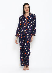 Kitty Candle Print Long Sleeve Women's Night Suit - Shopbloom