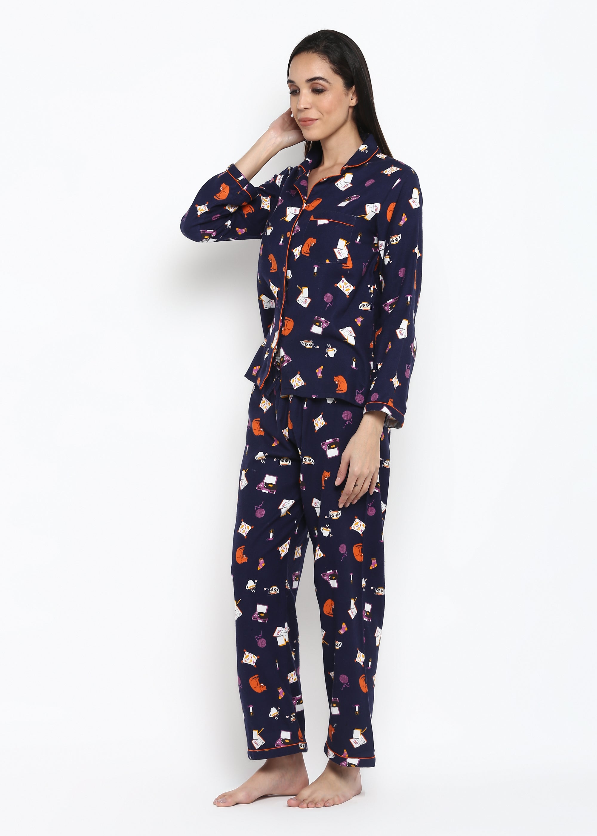 Kitty Candle Print Long Sleeve Women's Night Suit - Shopbloom