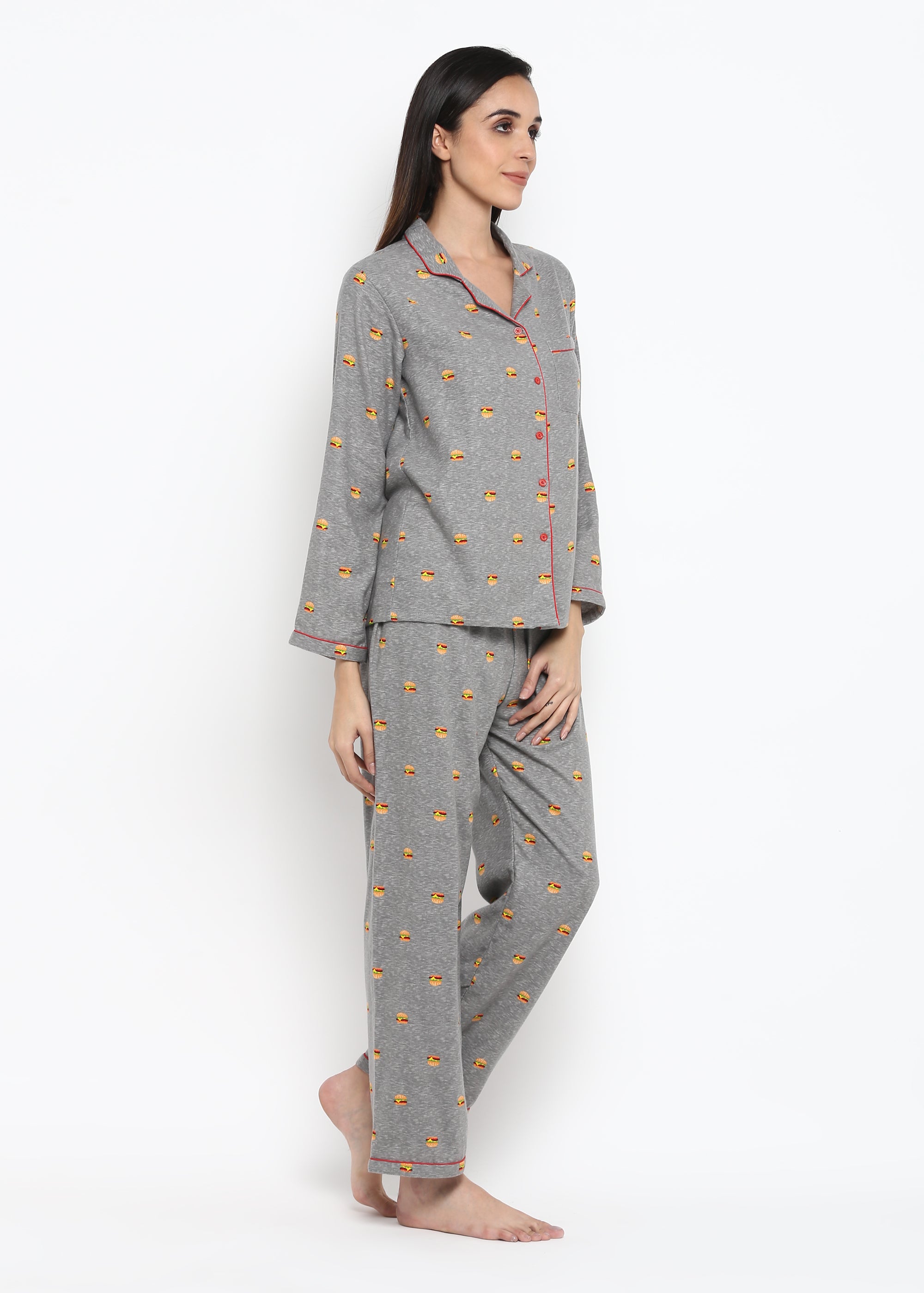 Burger Print Long Sleeve Women's Night Suit - Shopbloom