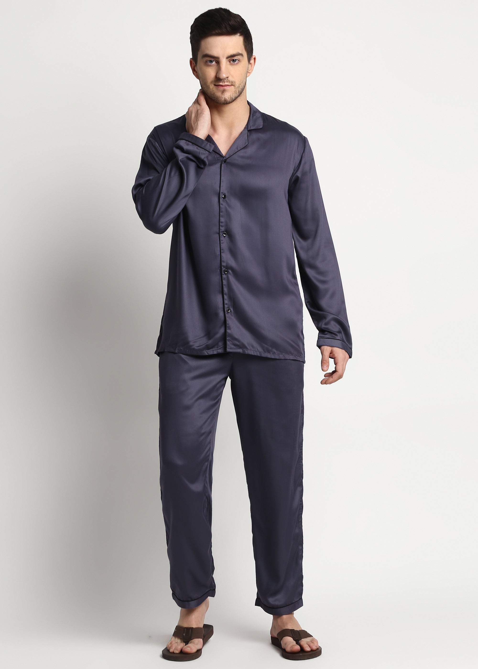 Ultra Soft Dark Grey Modal Satin Long Sleeve Men's Night Suit - Shopbloom