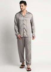 Ultra Soft Light Grey Modal Satin Long Sleeve Men's Night Suit - Shopbloom