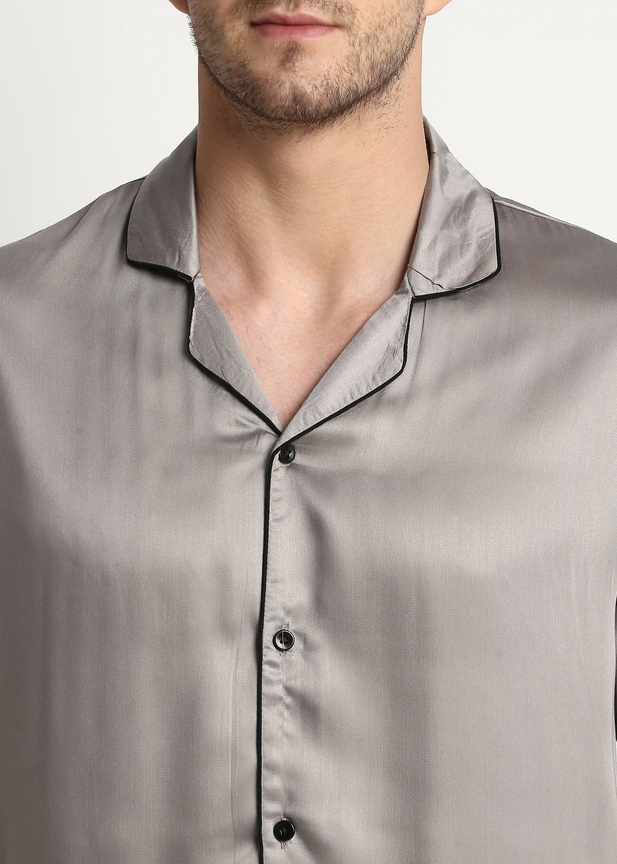 Ultra Soft Light Grey Modal Satin Long Sleeve Men's Night Suit - Shopbloom