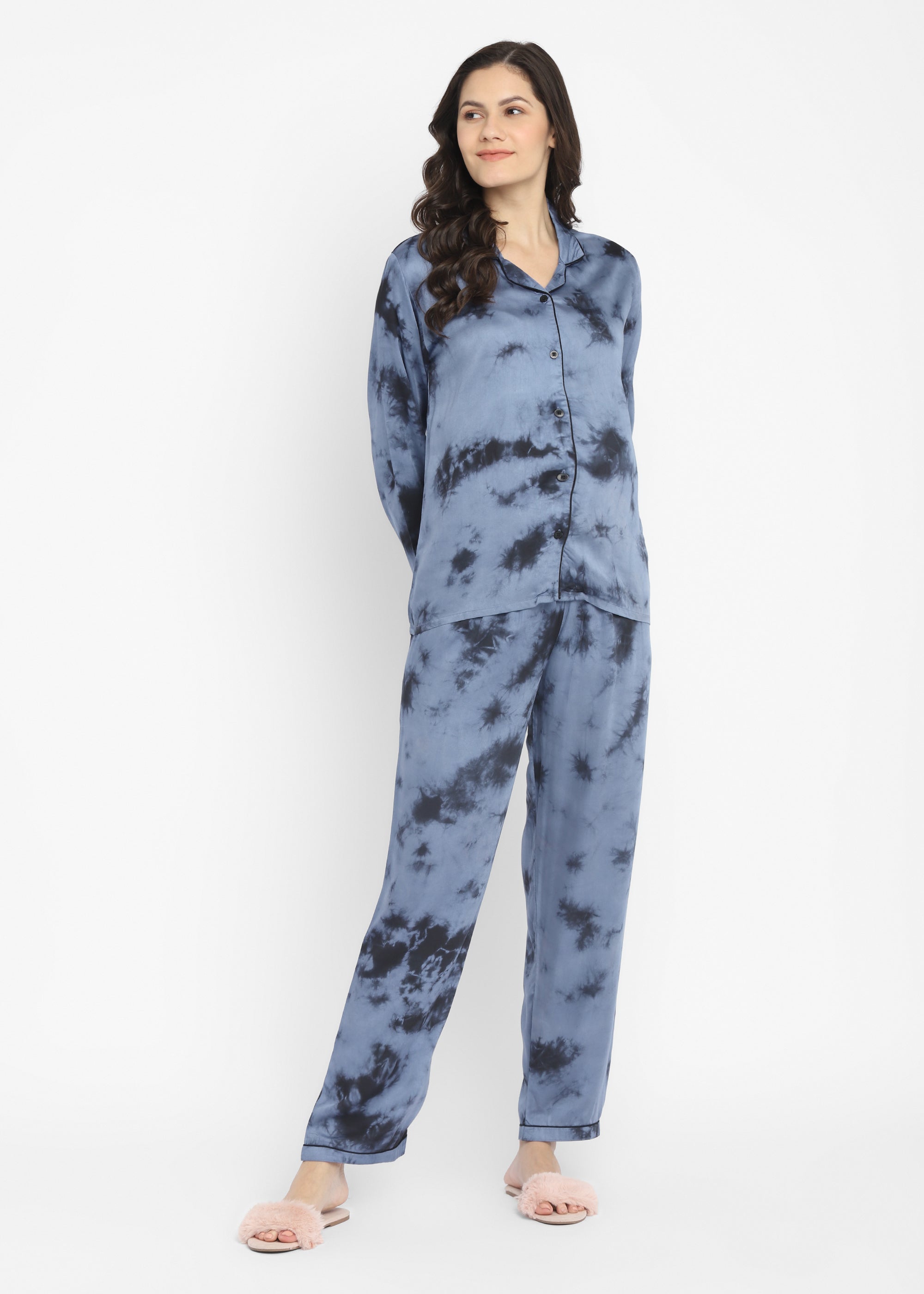 Ultra Soft Dark Grey Tie-Dye Modal Satin Long Sleeve Women's Night Suit - Shopbloom