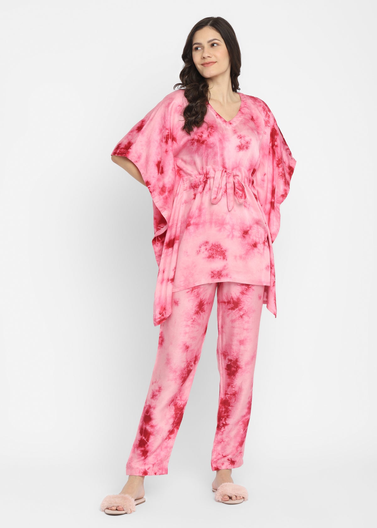 Ultra Soft Pink Tie-Dye Modal Satin Women's  Kaftan Night Suit - Shopbloom