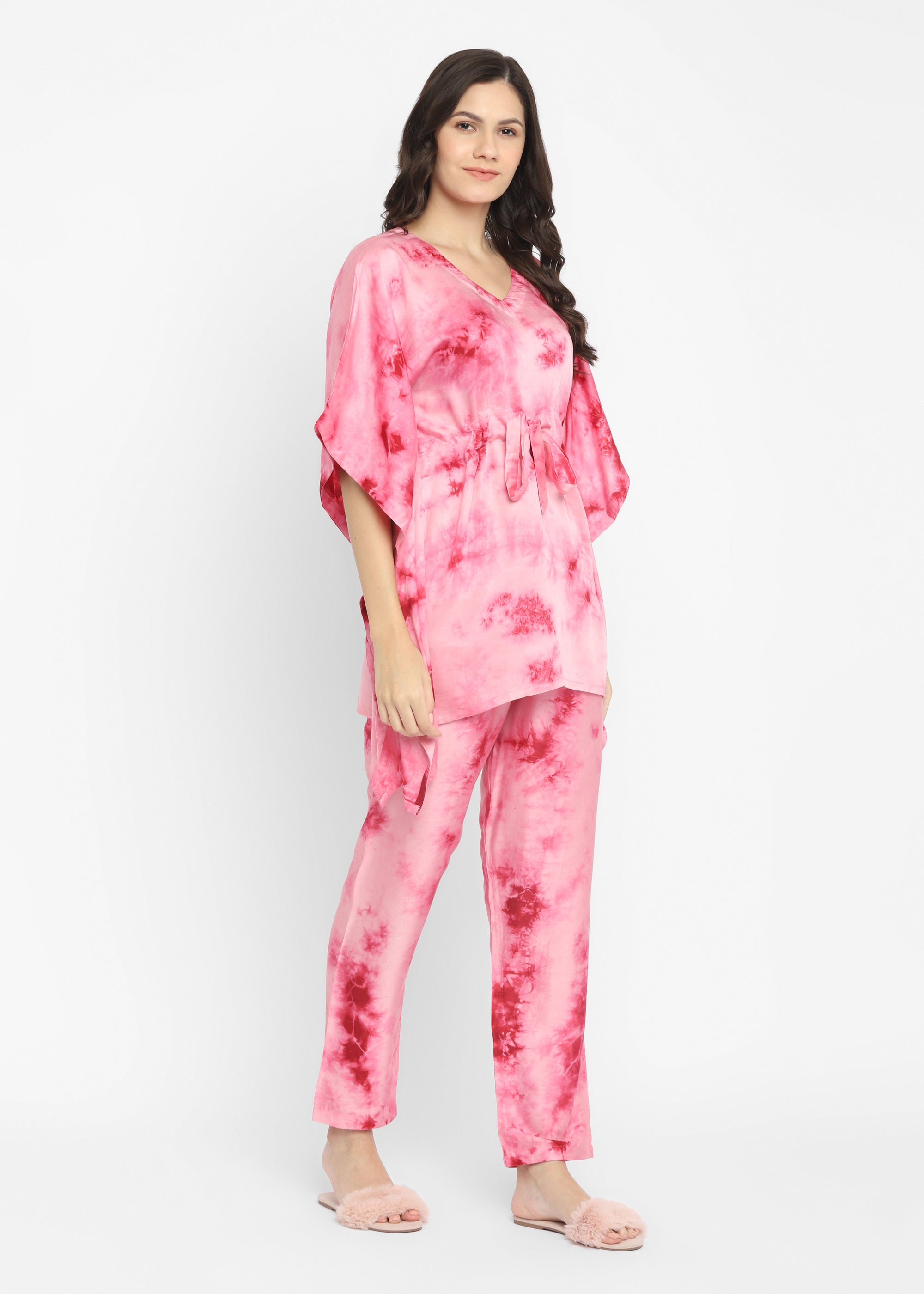 Ultra Soft Pink Tie-Dye Modal Satin Women's  Kaftan Night Suit - Shopbloom