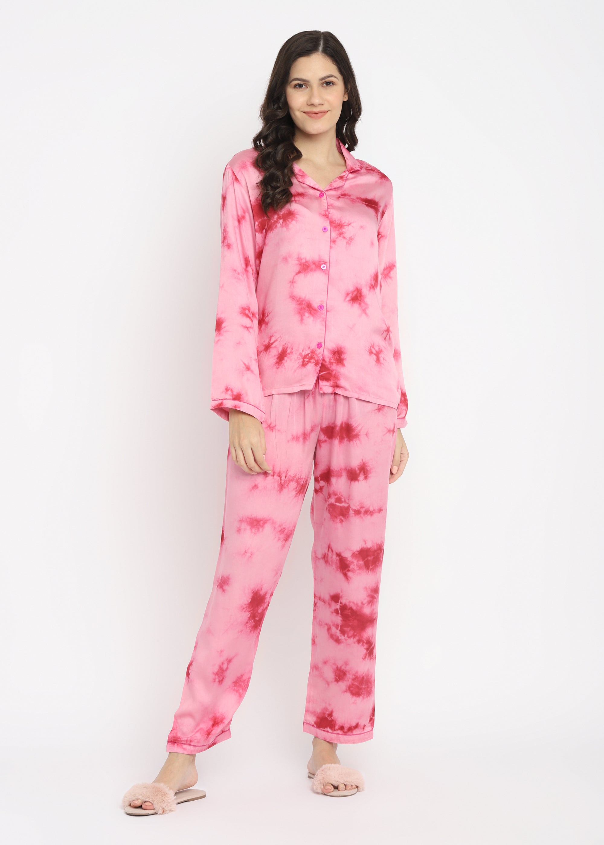 Ultra Soft Pink Tie-Dye Modal Satin Long Sleeve Women's Night Suit - Shopbloom