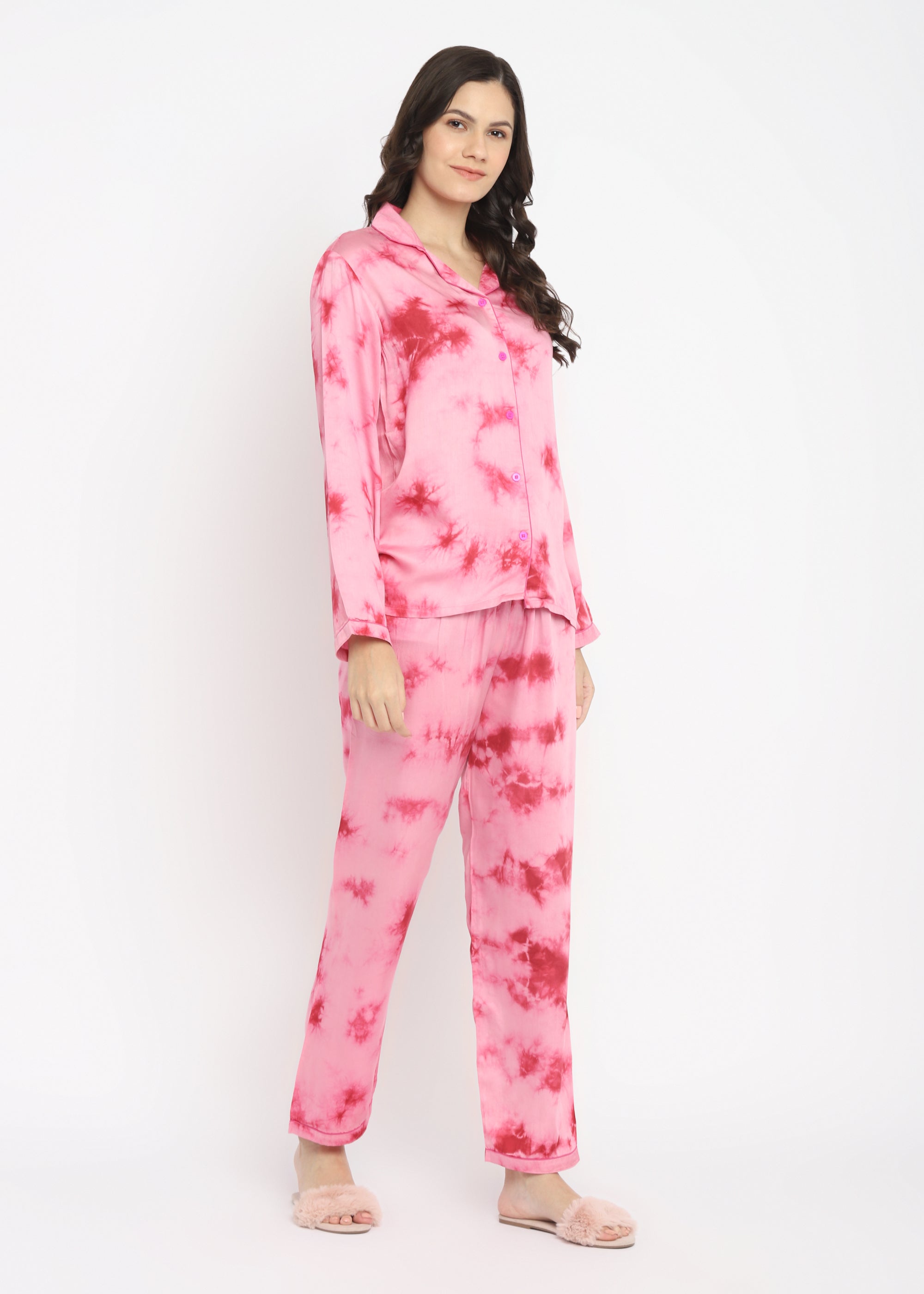 Ultra Soft Pink Tie-Dye Modal Satin Long Sleeve Women's Night Suit - Shopbloom