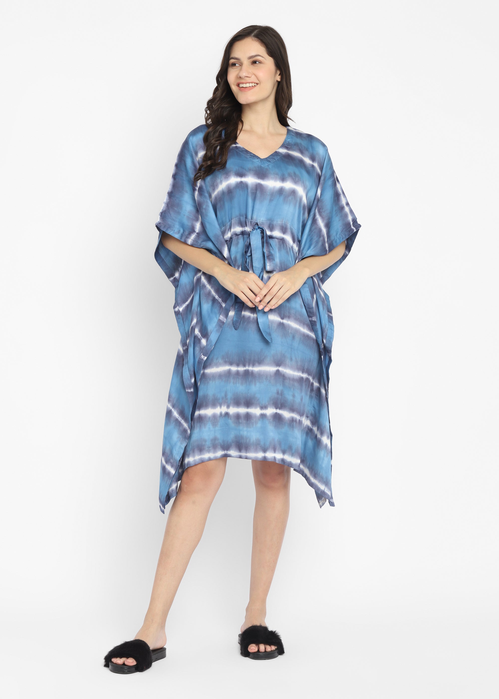 Ultra Soft Blue Tie-Dye Modal Satin Women's Kaftan Dress - Shopbloom