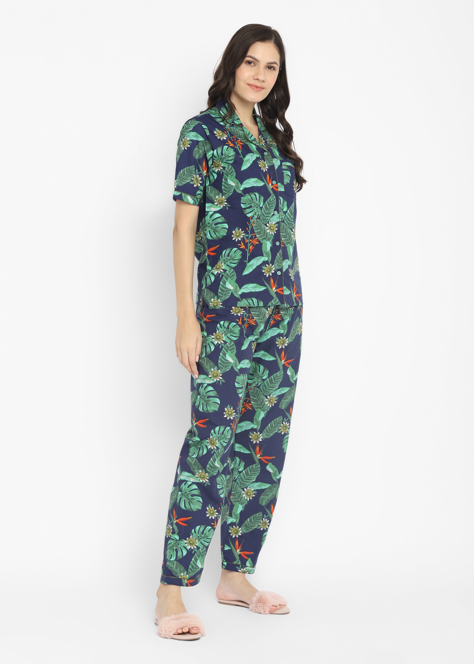 Tropical Forest Print Short Sleeve Women's Night Suit - Shopbloom