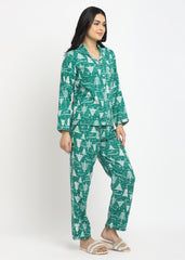 Green Tree Cotton Flannel Long Sleeve Women's Night Suit - Shopbloom