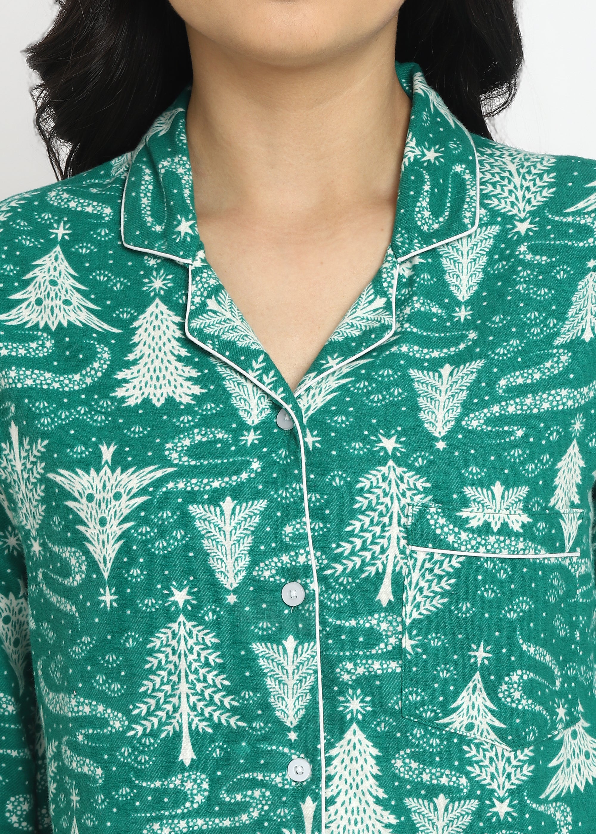 Green Tree Cotton Flannel Long Sleeve Women's Night Suit - Shopbloom