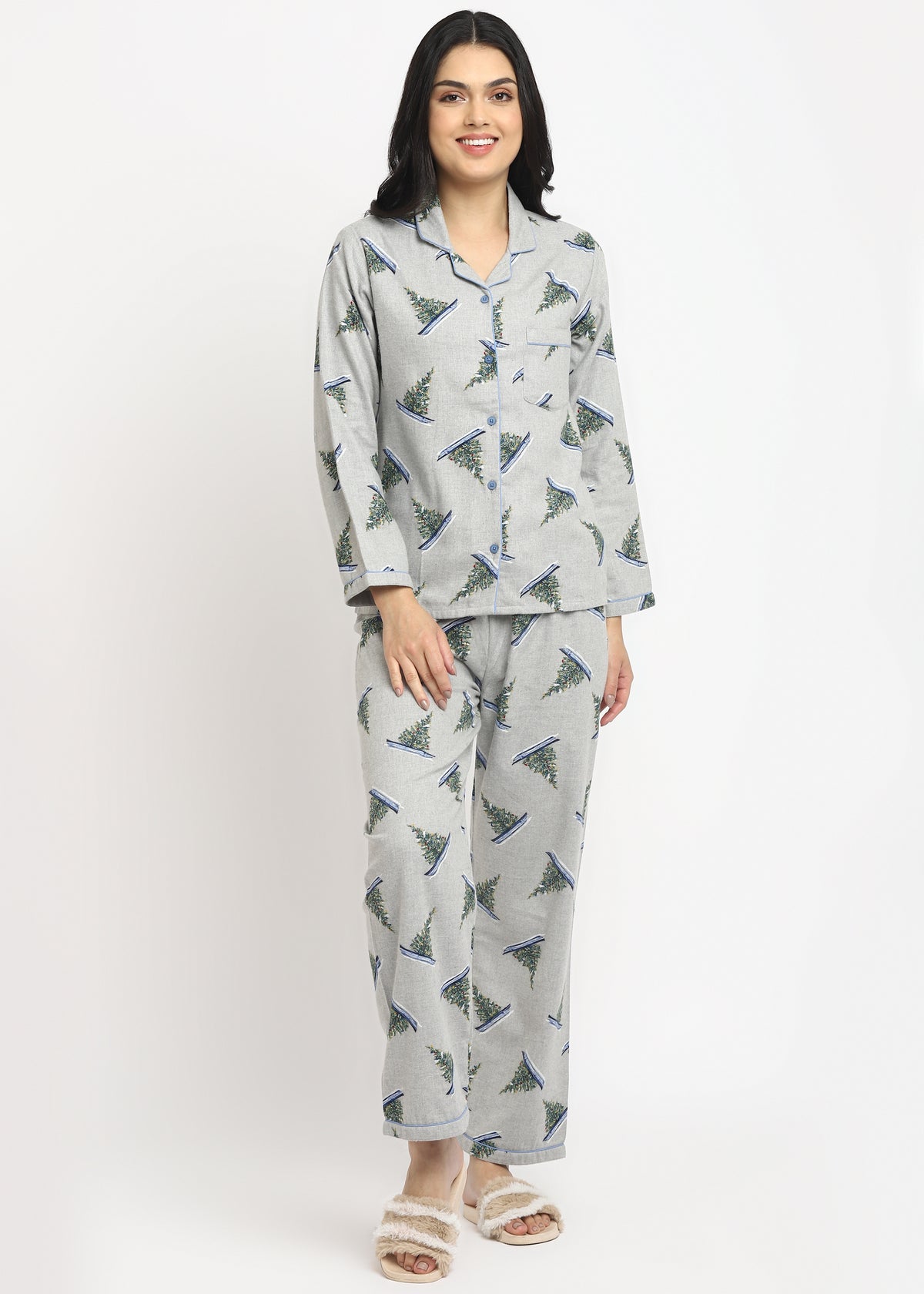 X-Mas Tree Print Cotton Flannel Long Sleeve Women's Night Suit - Shopbloom