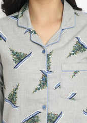 X-Mas Tree Print Cotton Flannel Long Sleeve Women's Night Suit - Shopbloom