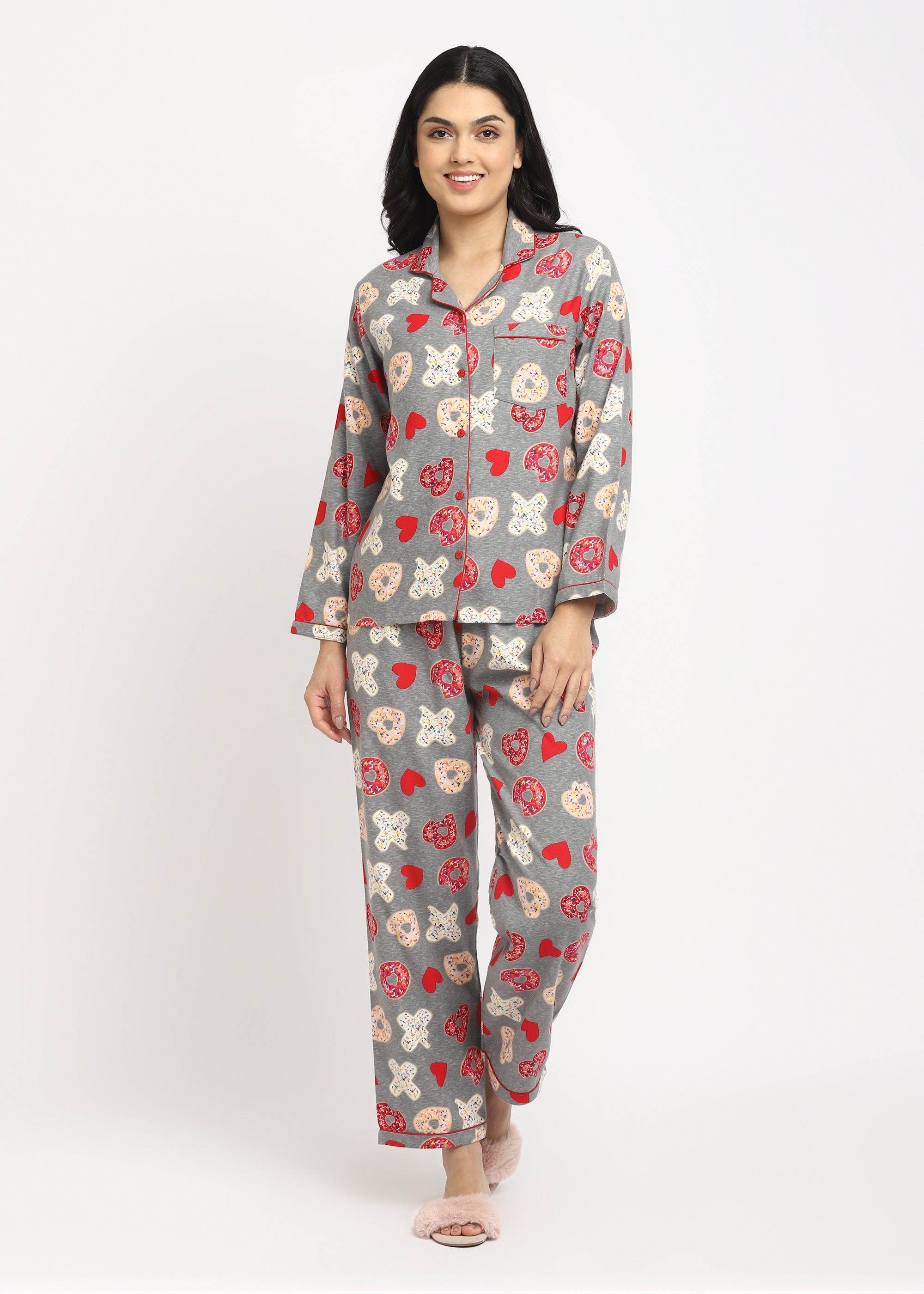 Xoxo Print Cotton Flannel Long Sleeve Women's Night Suit - Shopbloom