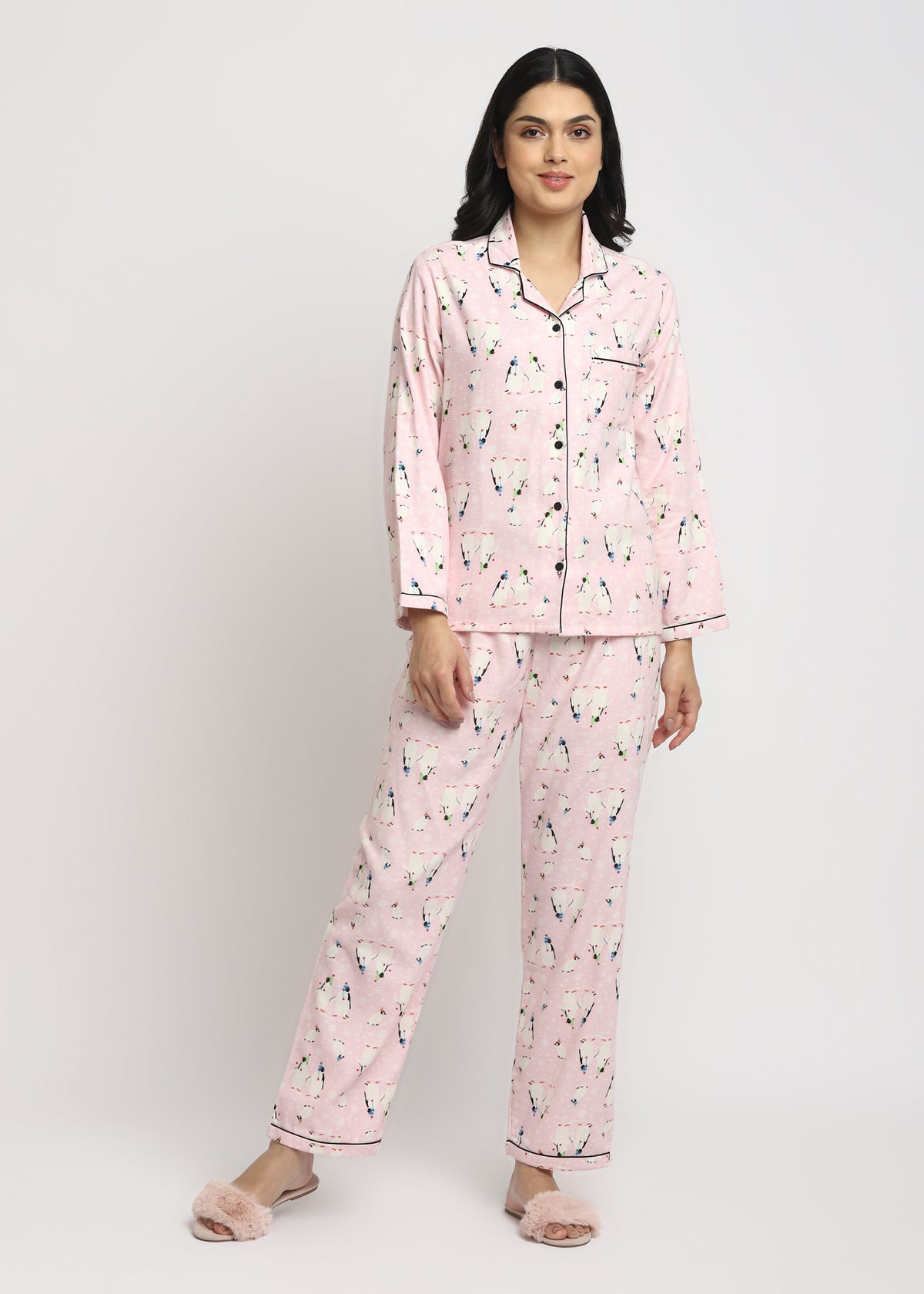 Light Pink Penguin Print Cotton Flannel Long Sleeve Women's Night Suit - Shopbloom