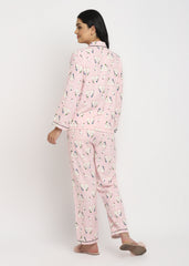 Light Pink Penguin Print Cotton Flannel Long Sleeve Women's Night Suit - Shopbloom