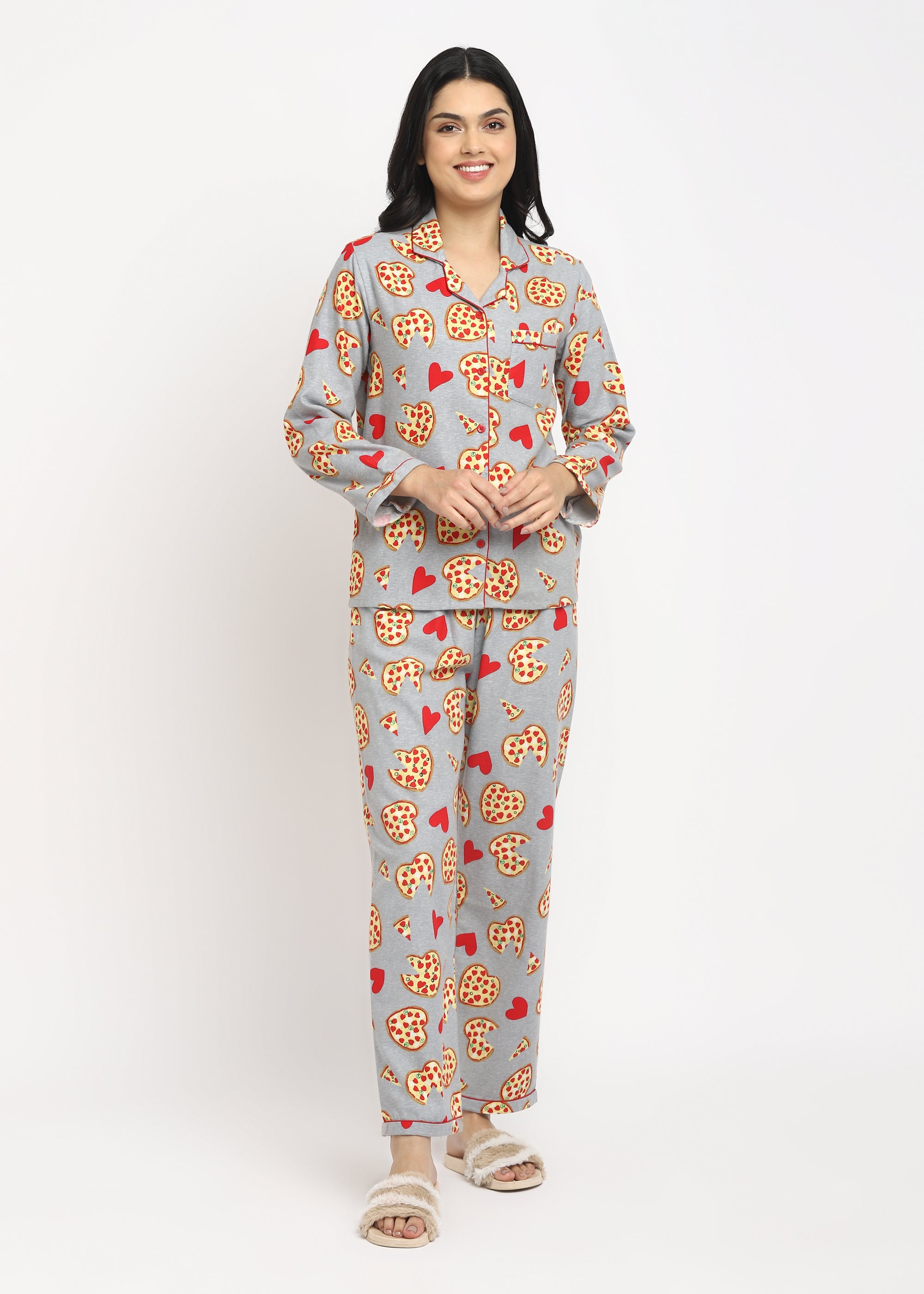 I Love Pizza Print Cotton Flannel Long Sleeve Women's Night Suit - Shopbloom