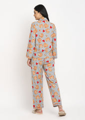 I Love Pizza Print Cotton Flannel Long Sleeve Women's Night Suit - Shopbloom