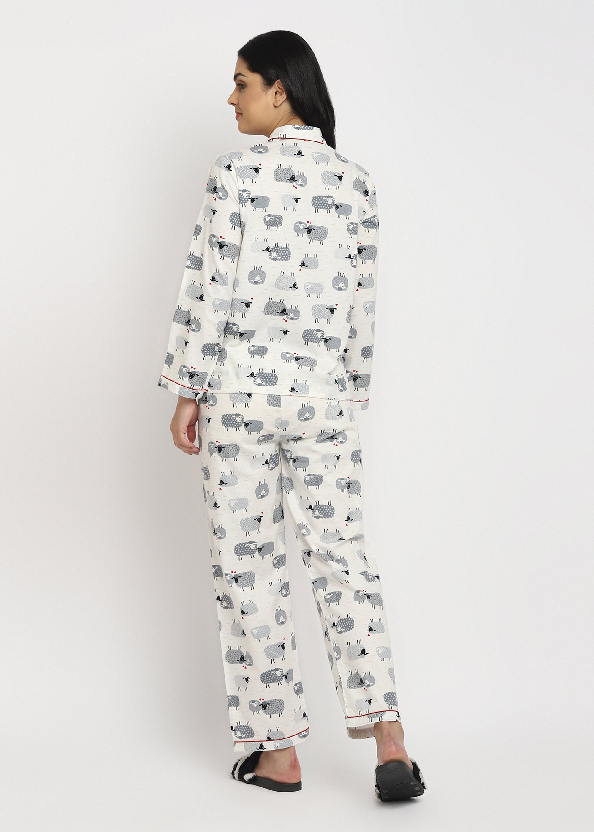 Sheep Print Cotton Flannel Long Sleeve Women's Night Suit - Shopbloom