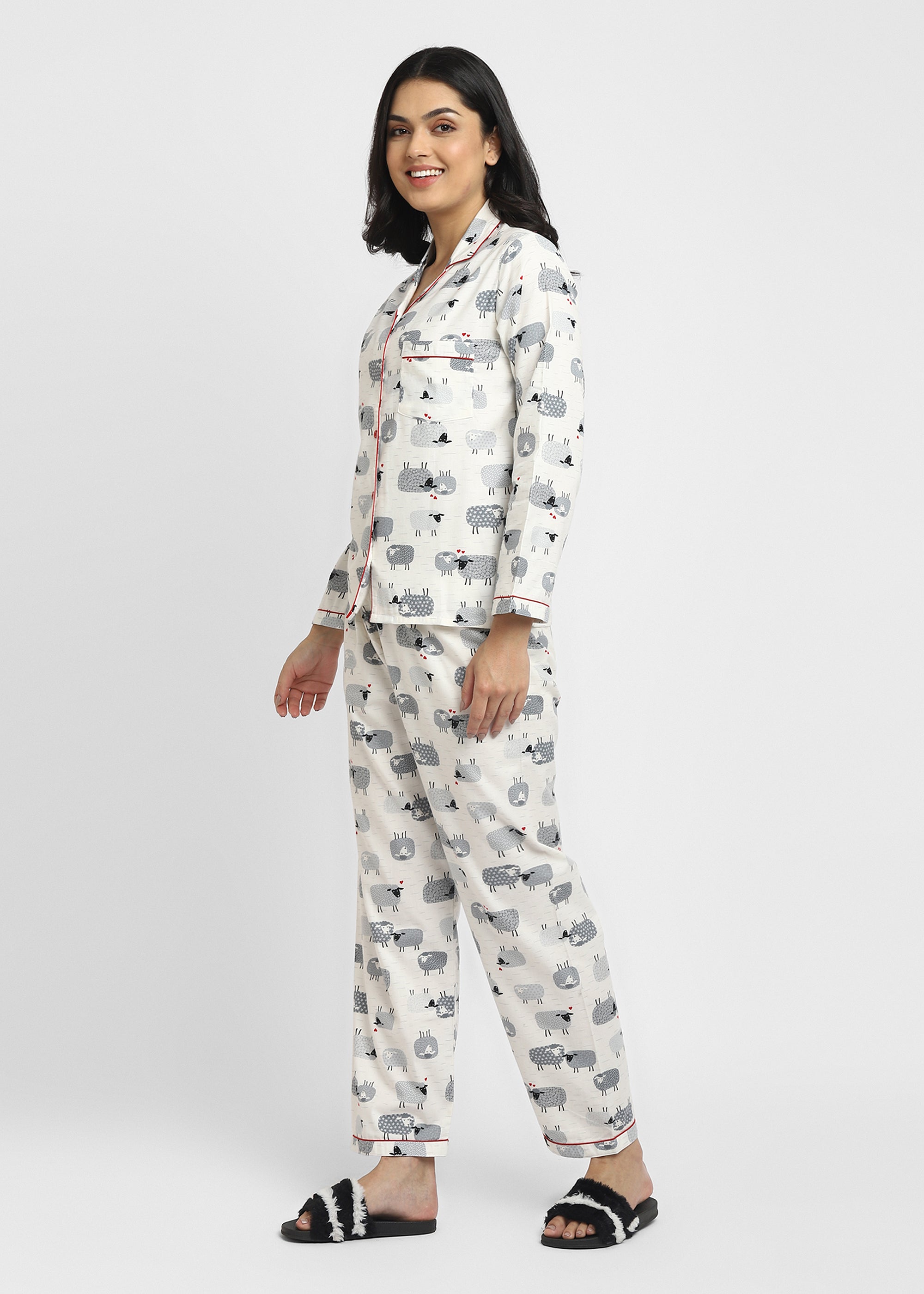 Sheep Print Cotton Flannel Long Sleeve Women's Night Suit - Shopbloom