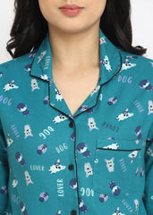 Dog Lover Print Cotton Flannel Long Sleeve Women's Night Suit - Shopbloom
