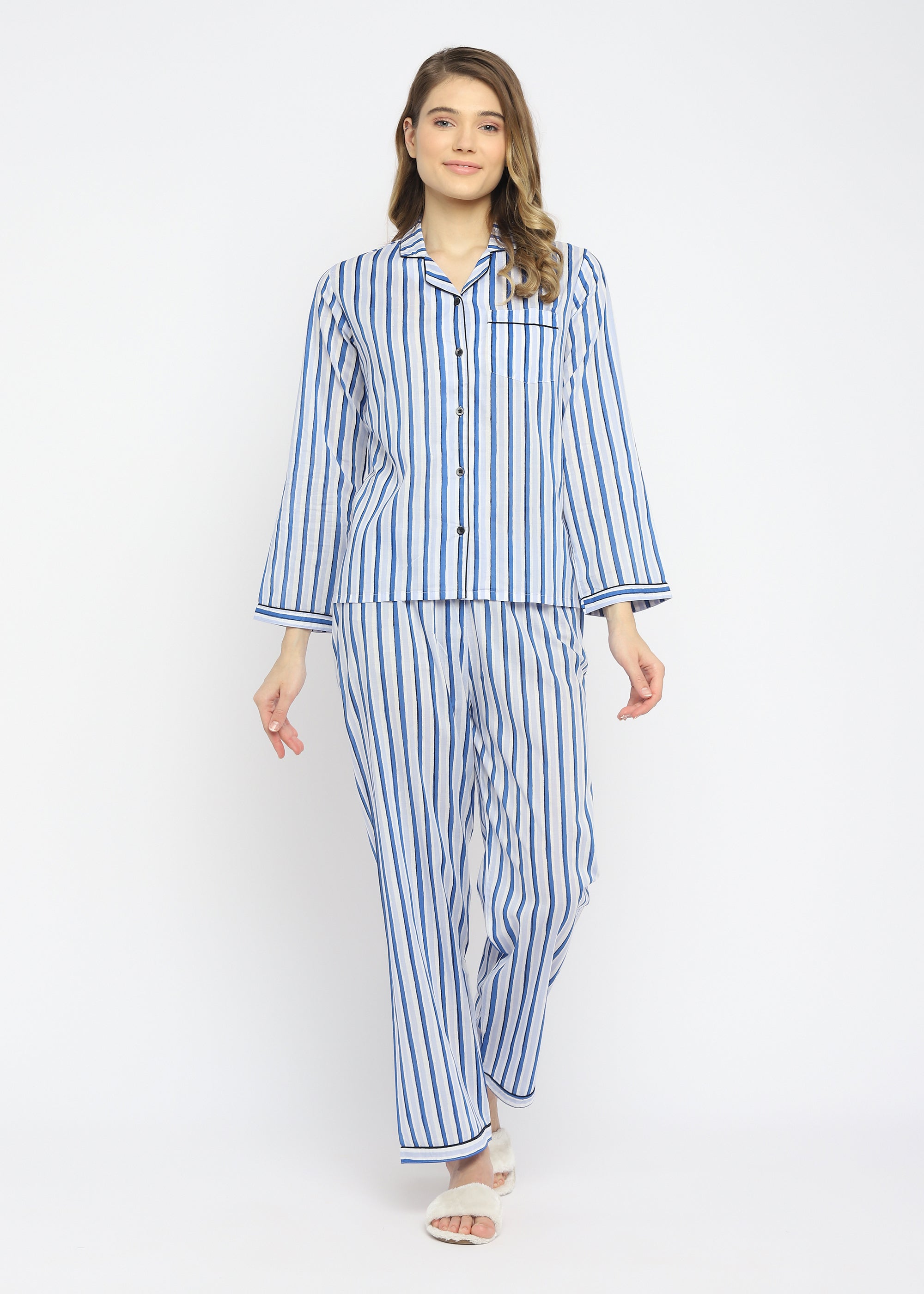 Blue Stripes Long Sleeve Women's Night Suit - Shopbloom