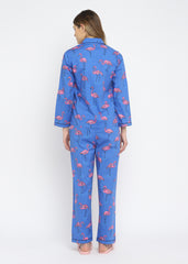 Big Flamingo Blue Print Long Sleeve Women's Night Suit - Shopbloom