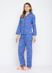 Big Flamingo Blue Print Long Sleeve Women's Night Suit - Shopbloom