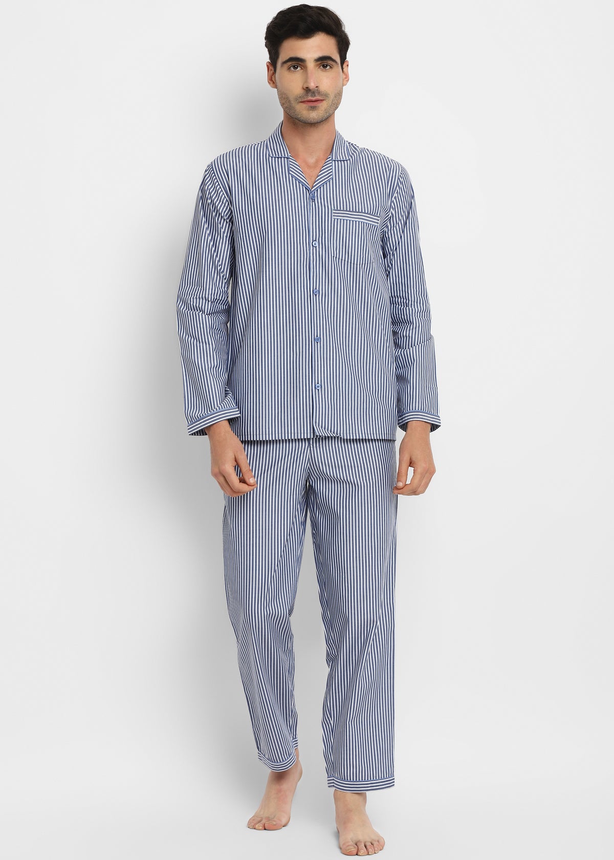 Strips Blue Cotton Men's Night Suit - Shopbloom
