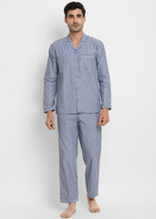 Blue & White Cotton Men's Night Suit - Shopbloom