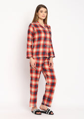 Orange Checkered Long Sleeve Women's Night Suit - Shopbloom