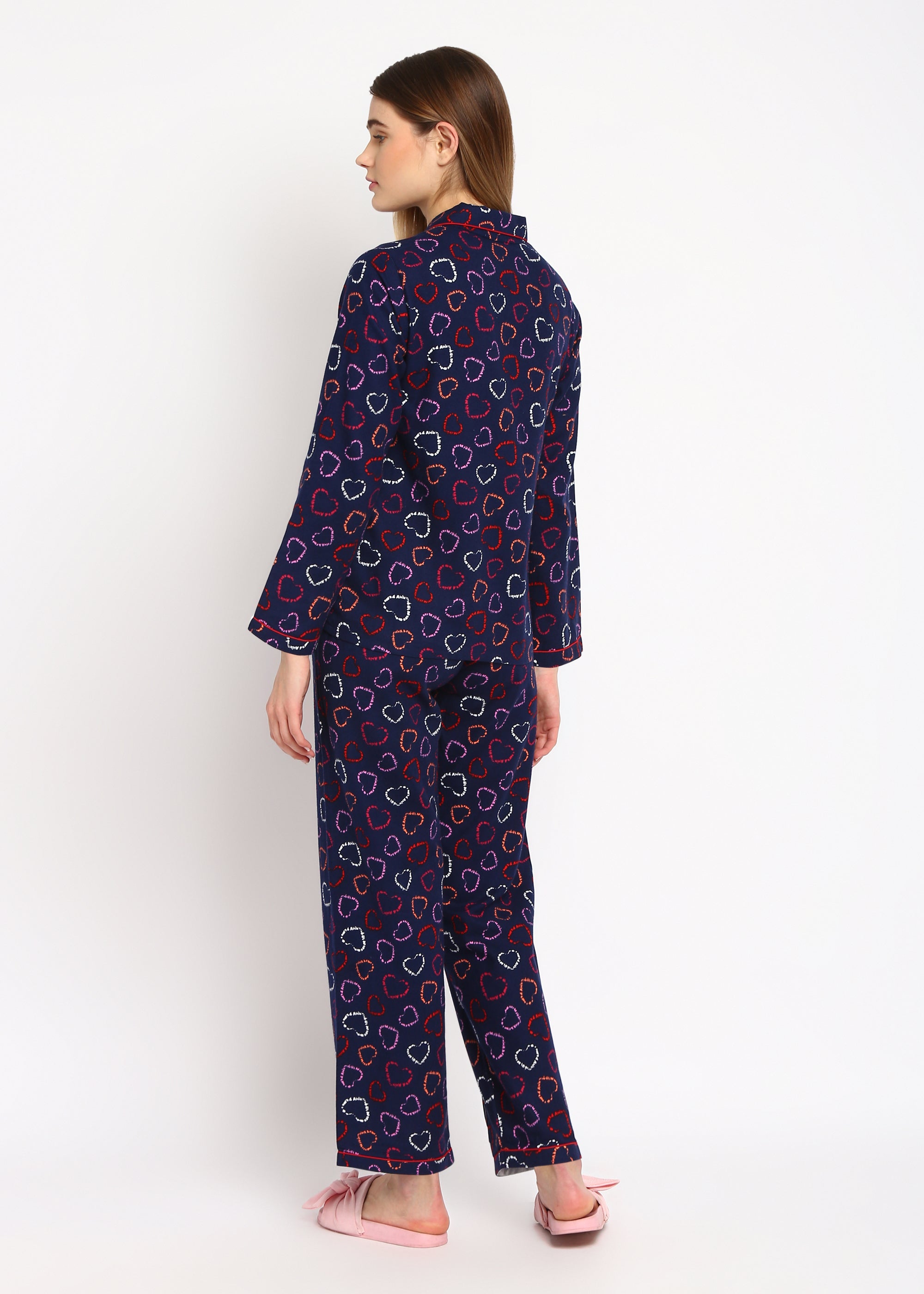 Hearts Print Cotton Flannel Long Sleeve Women's Night Suit - Shopbloom