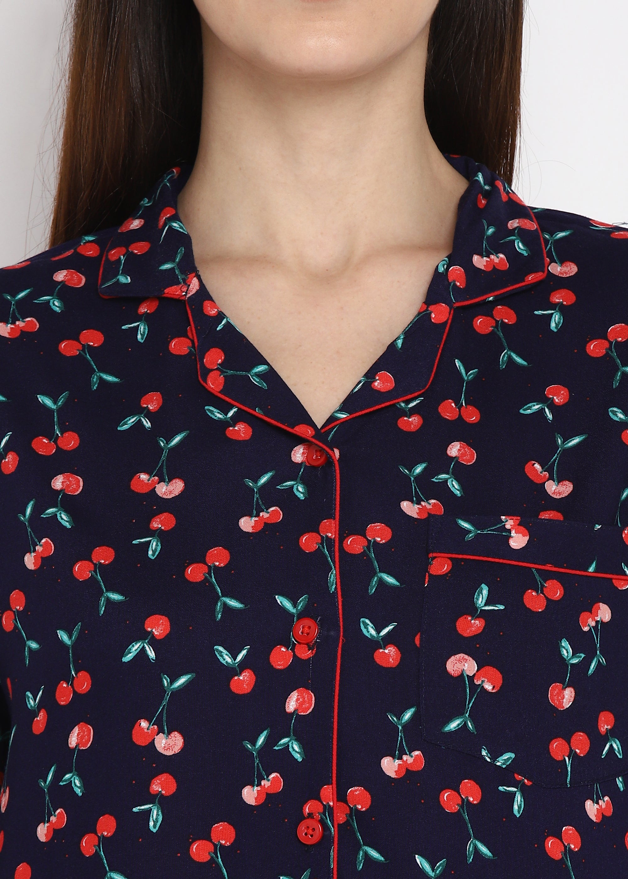 Cherry Land Print Long Sleeve Women's Night Suit - Shopbloom