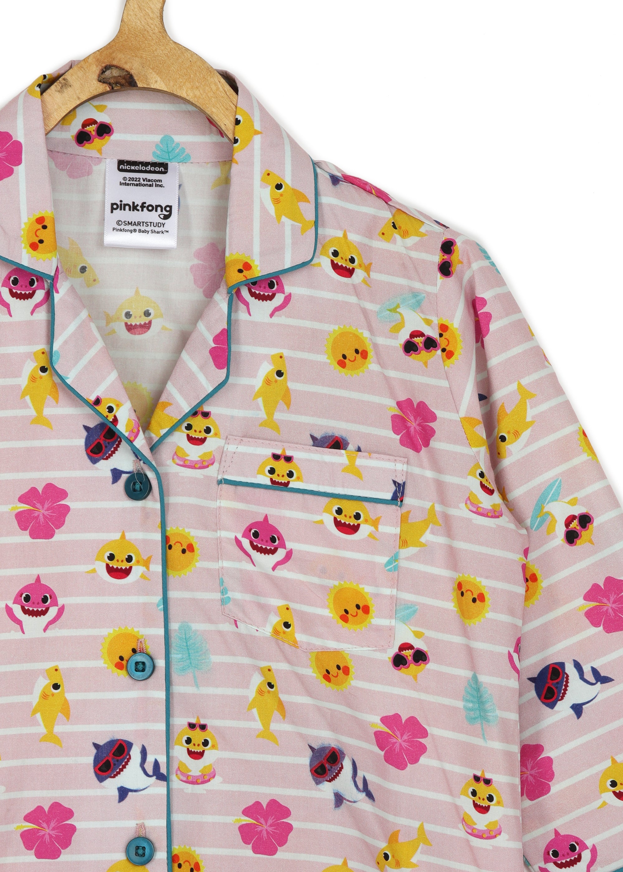 Baby Shark Pink Horizontal Print Long Sleeve Kids Night Suit - Shopbloom