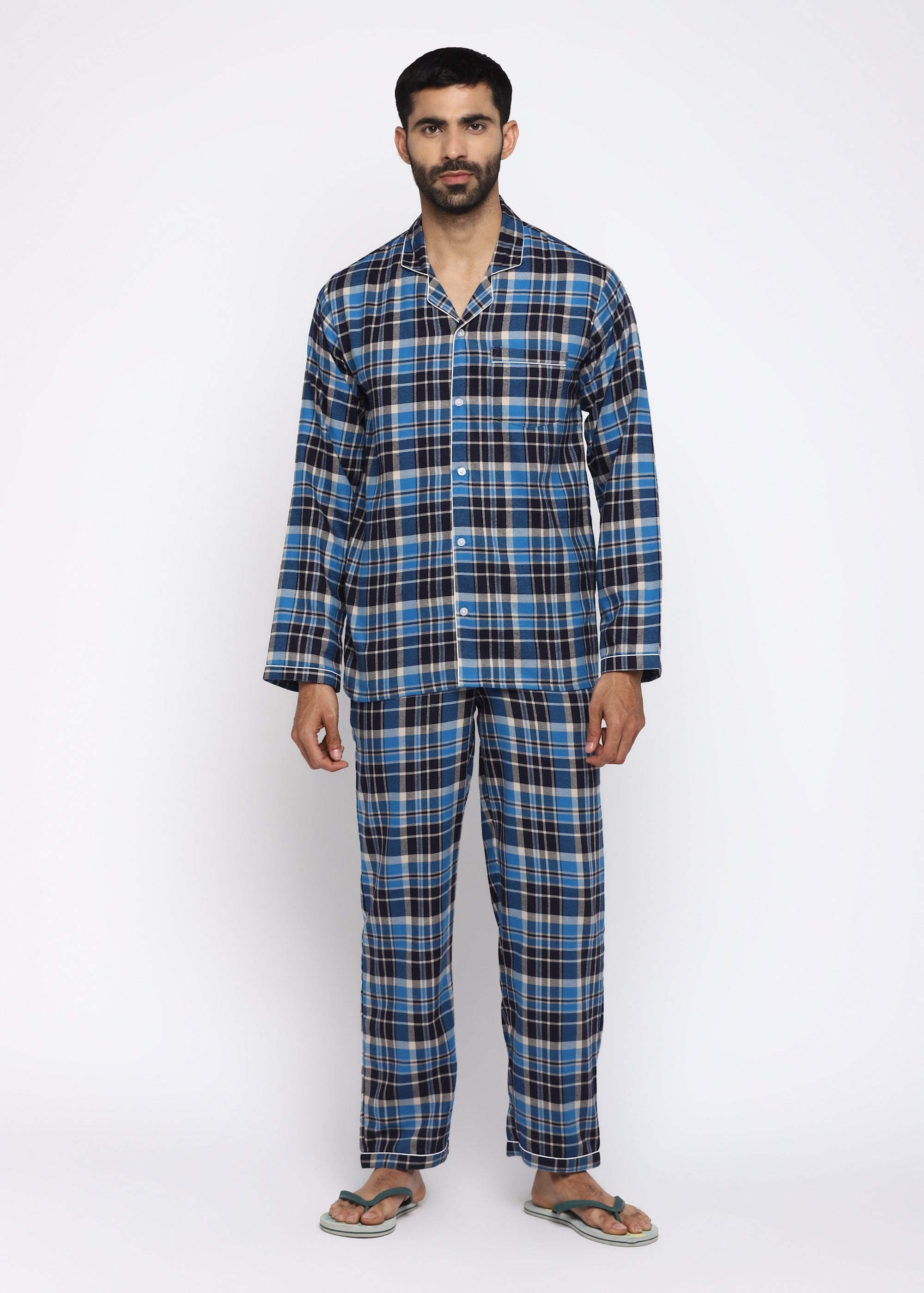 Blue Checkered Print Cotton Flannel Long Sleeve Men's Night Suit - Shopbloom