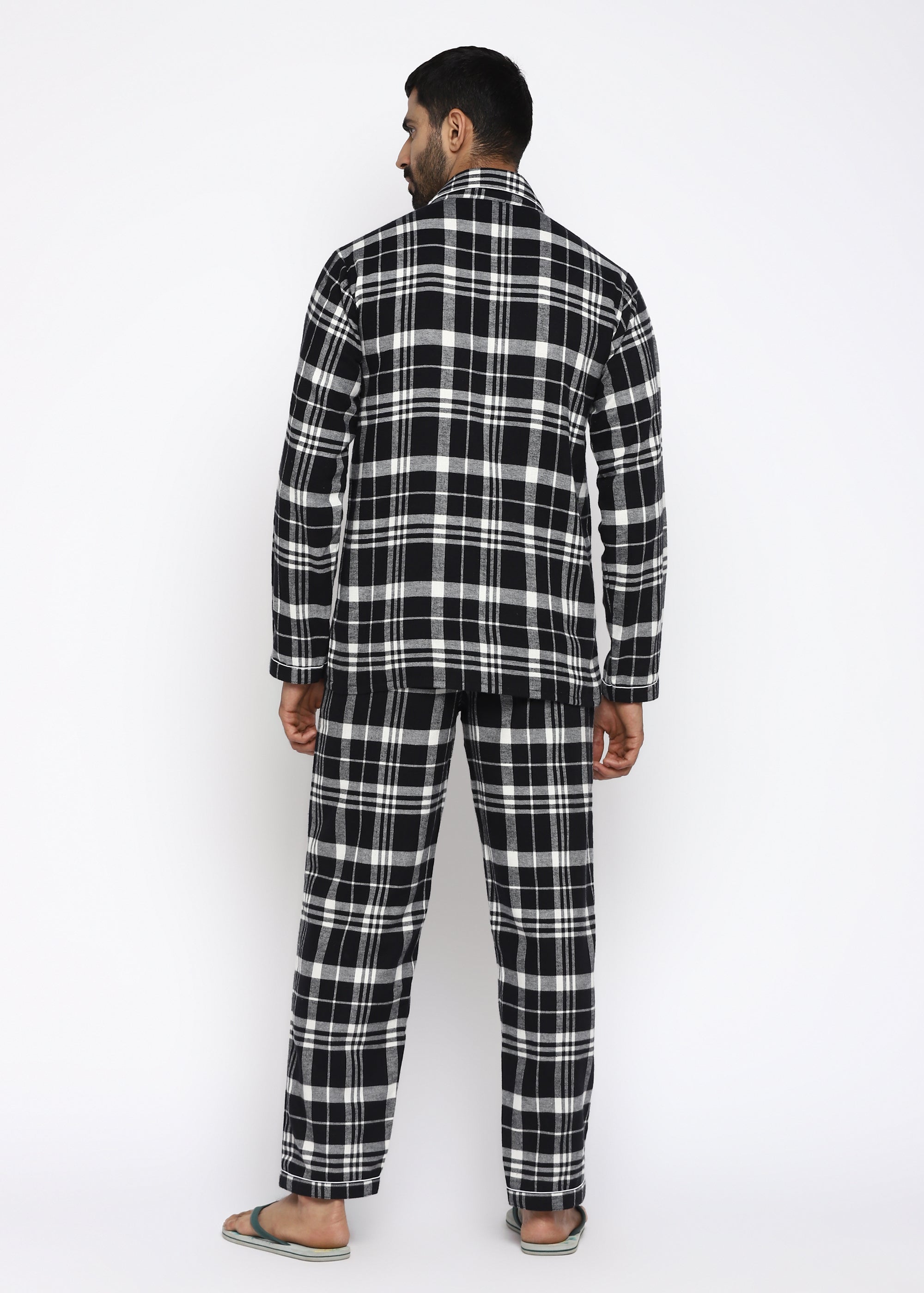 Black & White Checkered Print Cotton Flannel Long Sleeve Men's Night Suit - Shopbloom